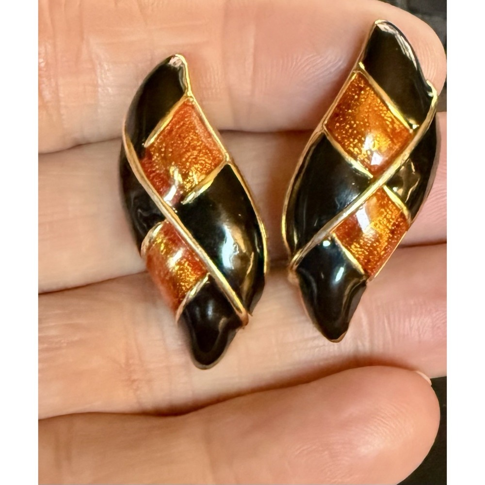 Vintage Signed Jomaz Joseph Mazer Copper Black Gold Tone Enamel Clip On Earrings